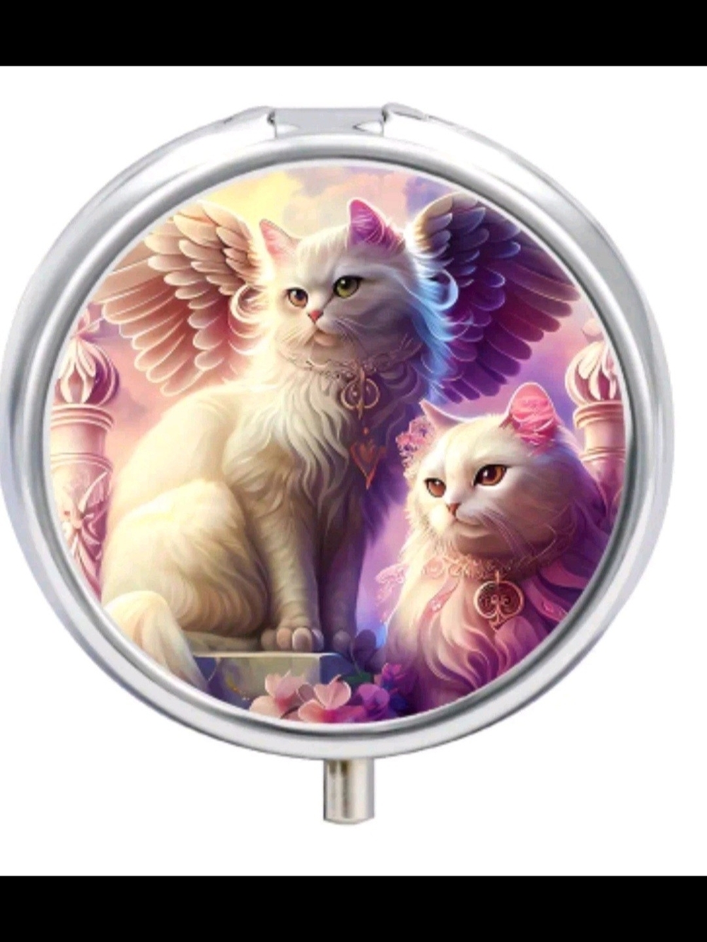 Angelic White Cats W/Wings Pastel Personal Pill Box W/3 Compartments & Mirror.